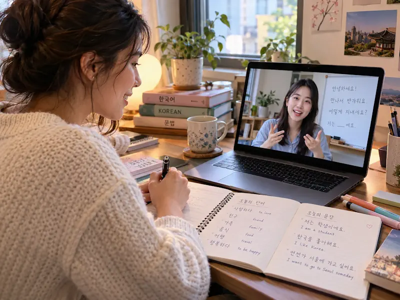Pessoa praticando coreano em aula online com acompanhamento
