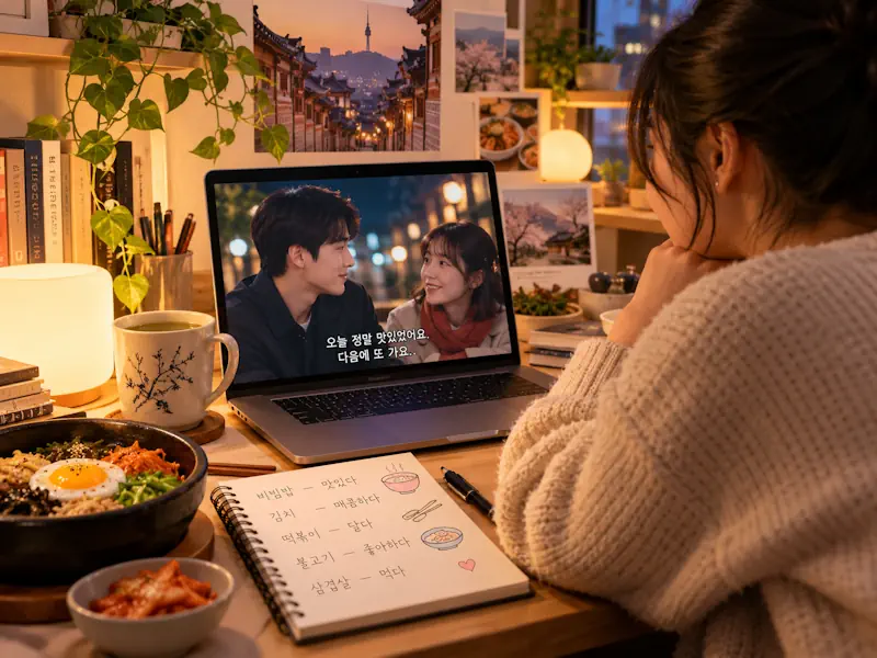 Pessoa estudando coreano com vídeo, legendas e anotações