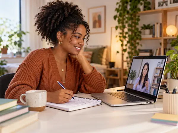 Mulher negra estudando coreano online em uma videoaula com professora