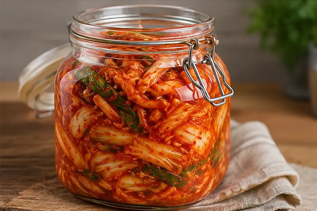 Kimchi fermentando em pote de vidro limpo