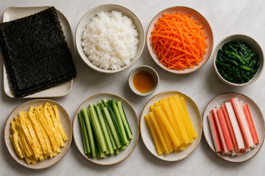 Arroz, alga, cenoura, espinafre, ovo, pepino, danmuji e kani preparados para montar kimbap.
