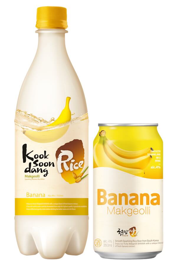 Makgeolli de banana da kook soon dang em garrrafa e latinha