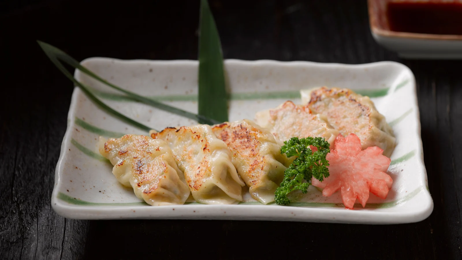 Gyoza japonês dourado servido em prato com molho