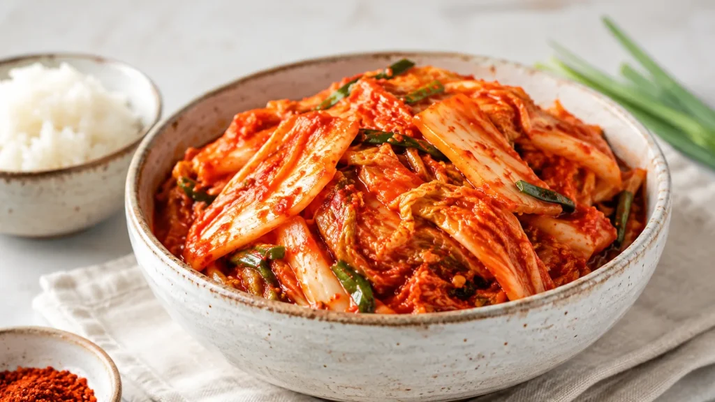 Kimchi vegano de acelga fermentada servido em tigela