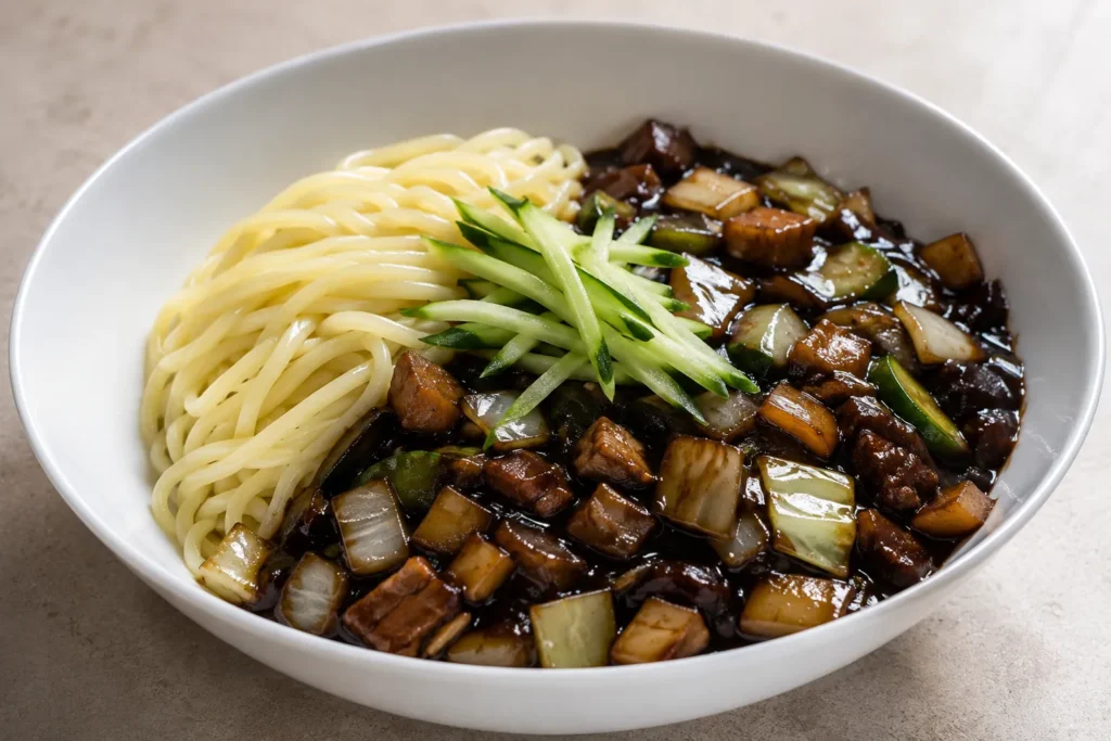 Macarrão e molho de chunjang separados na tigela de jajangmyeon antes de misturar.