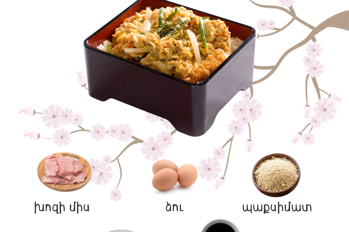 Ilustração de ingredientes usados para preparar katsudon japonês