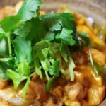 Oyakodon japonês com frango e ovos sobre arroz em uma tigela