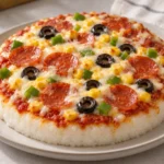 Pizza Seolgi: o Bolo de Arroz Coreano com Cobertura de Pizza | Comidas Asiáticas: Ilustração de pizza seolgi com base branca de bolo de arroz, queijo, pepperoni, milho, azeitonas pretas e pimentão verde.