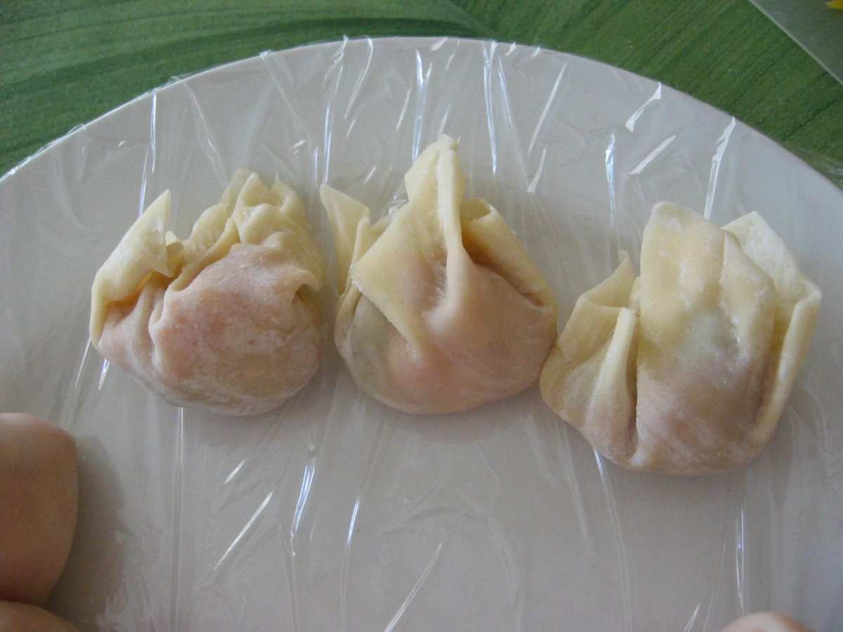 Wontons crus dobrados no estilo cantonês